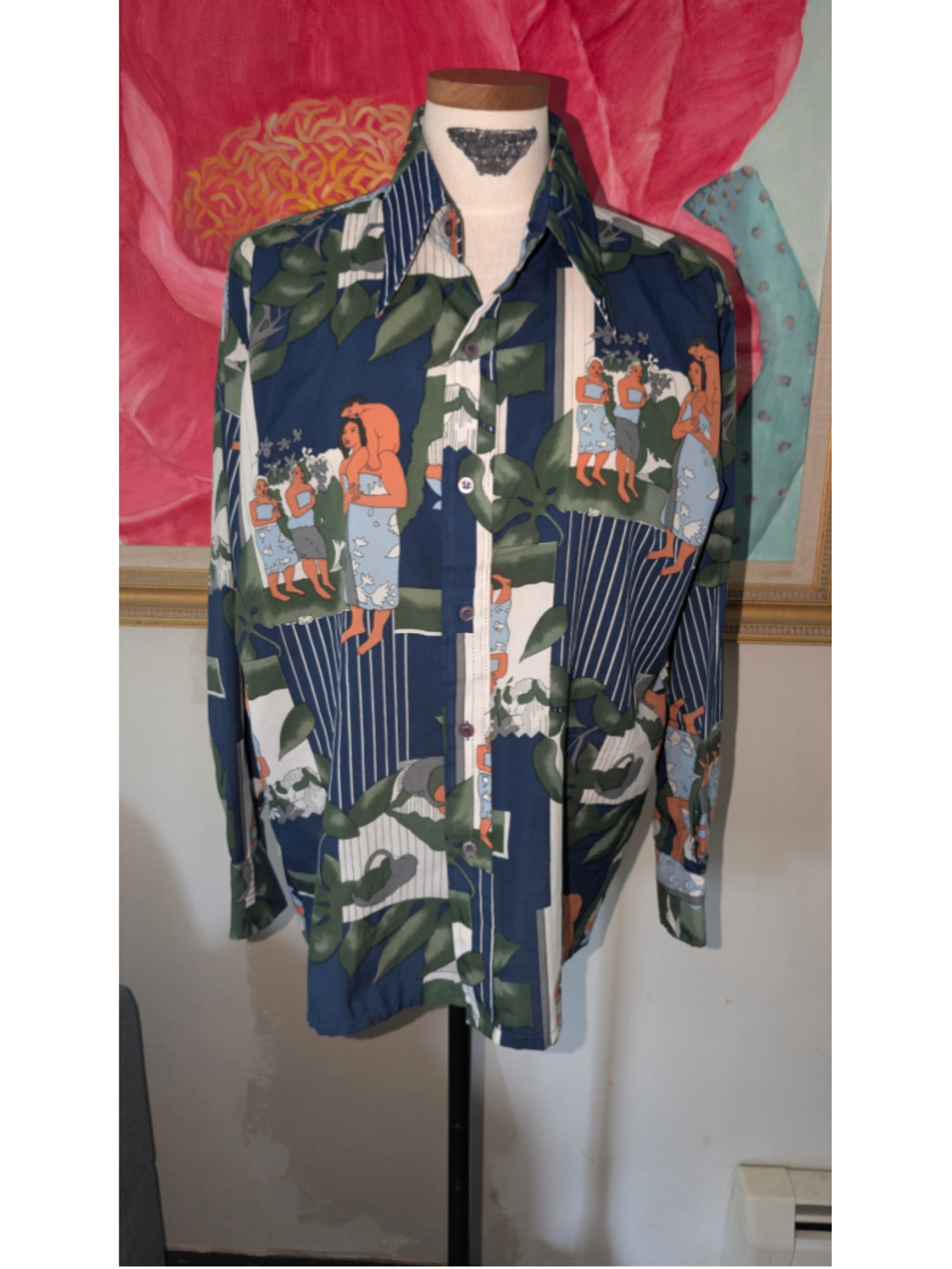 Men's Vintage 70's Paul Gaugin print dagger collar shirt